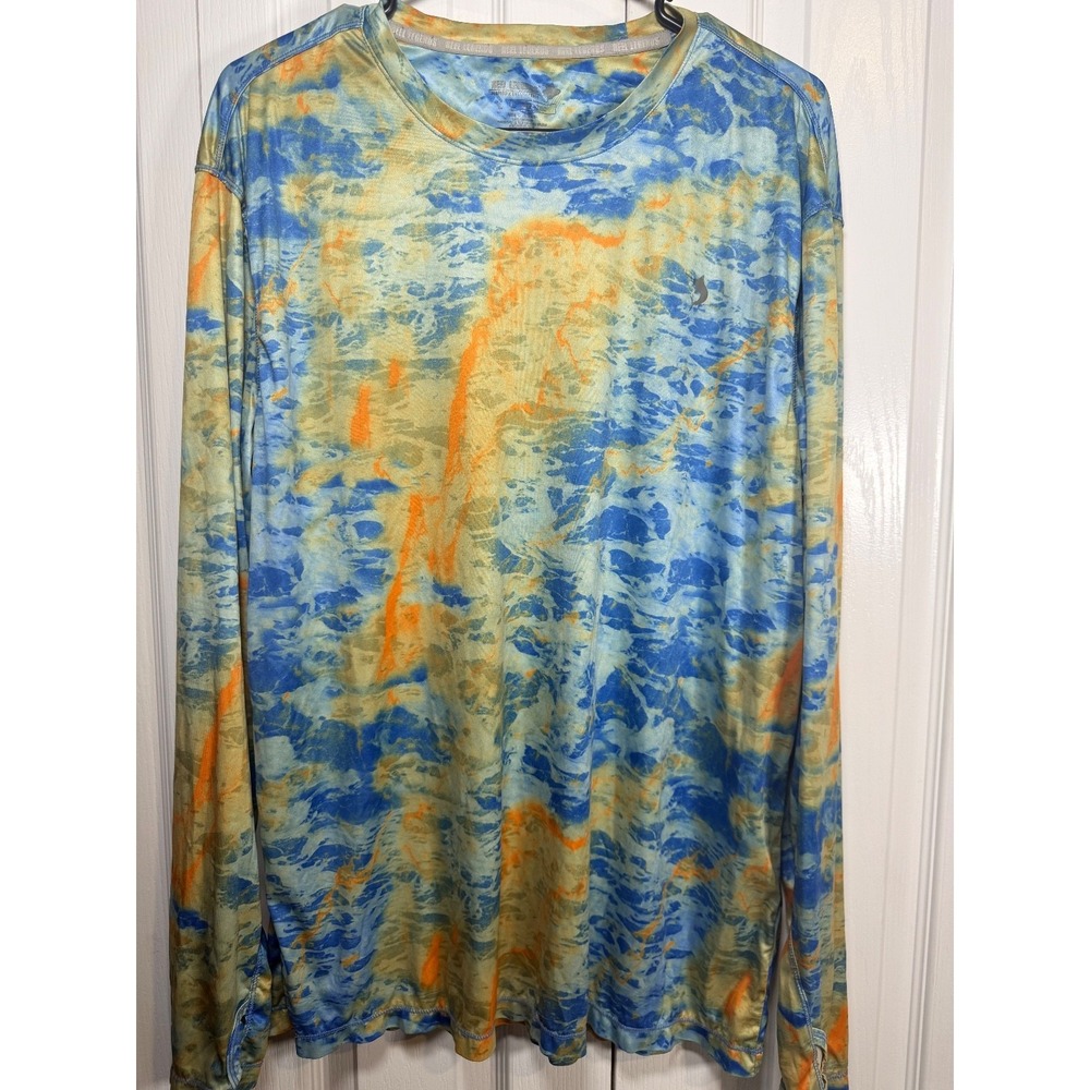 Reel Legends Reel-Tec Performance Shirt Men's Large Blue Orange Camo Long Sleeve